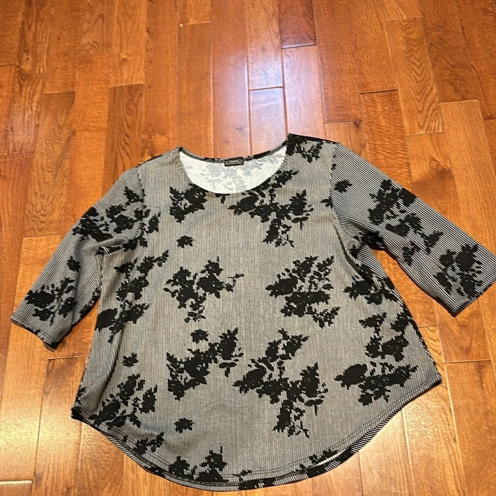 Vintage style black grey floral pattern 3/4 sleeves Blouse Sz L - Picture 11 of 13
